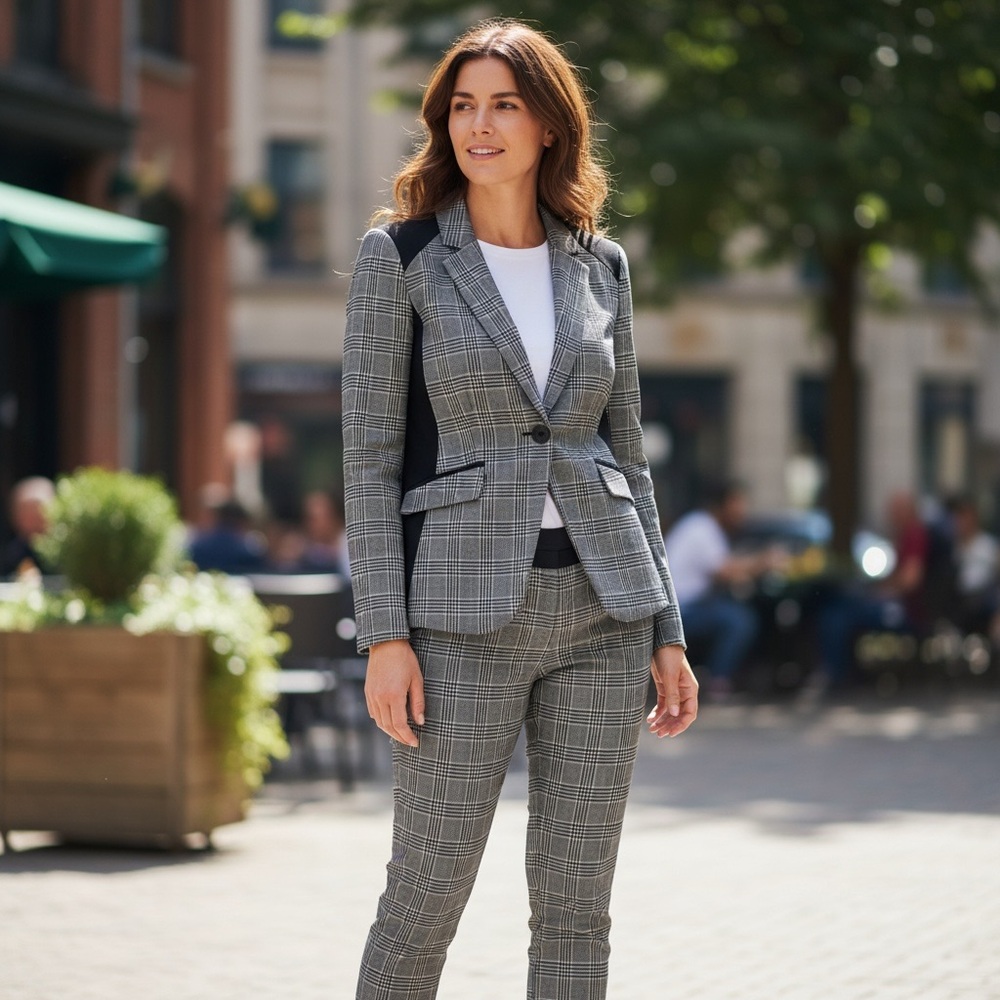BEDO Plaid Suit Set Blazer + Pants NWT Grey/Black Check
